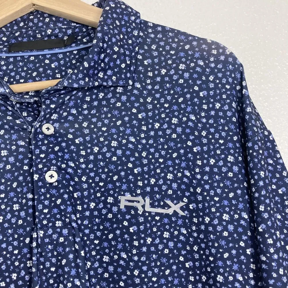 RLX Ralph Lauren Polo Shirt Mens Extra Large Navy Blue Floral Golf Performance